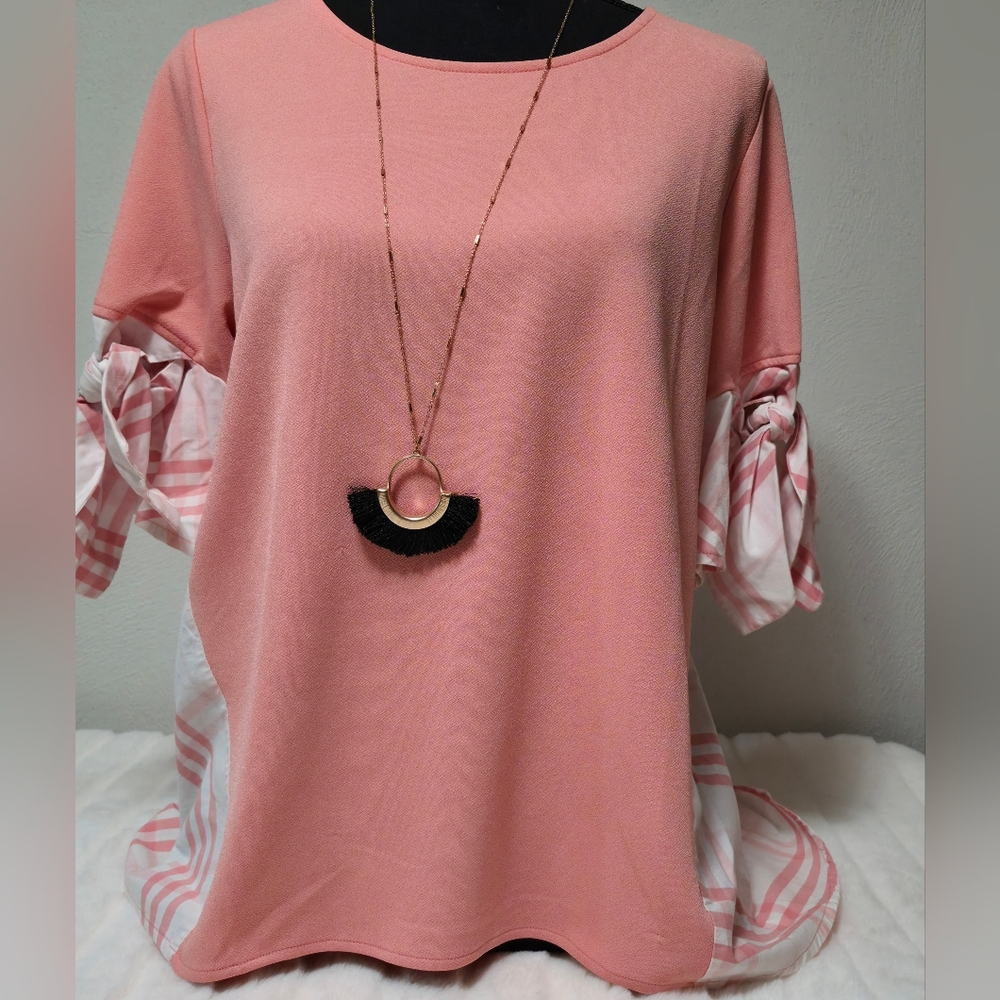 New York & Company Blush Pink Blouse with Striped Accents